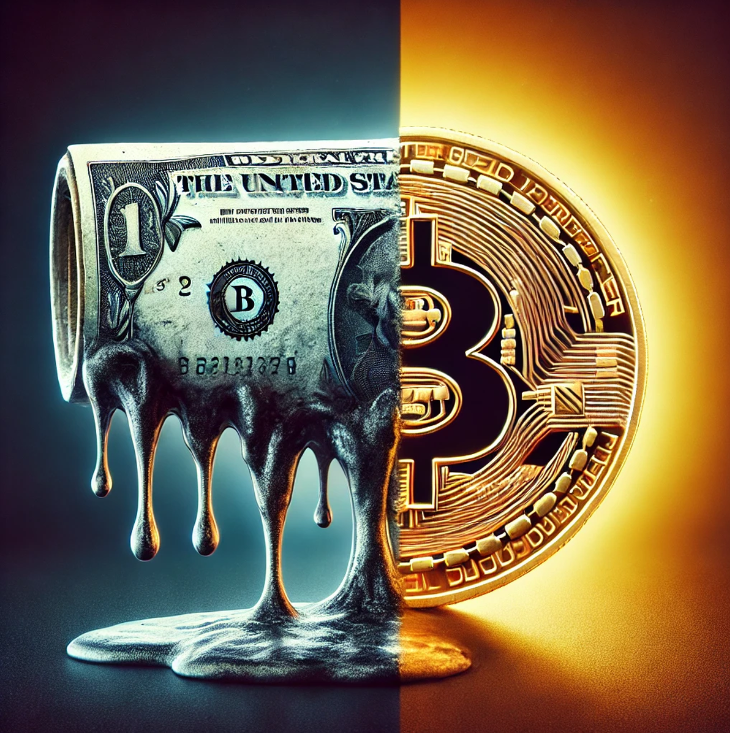 Dollar bill melting towards bitcoin